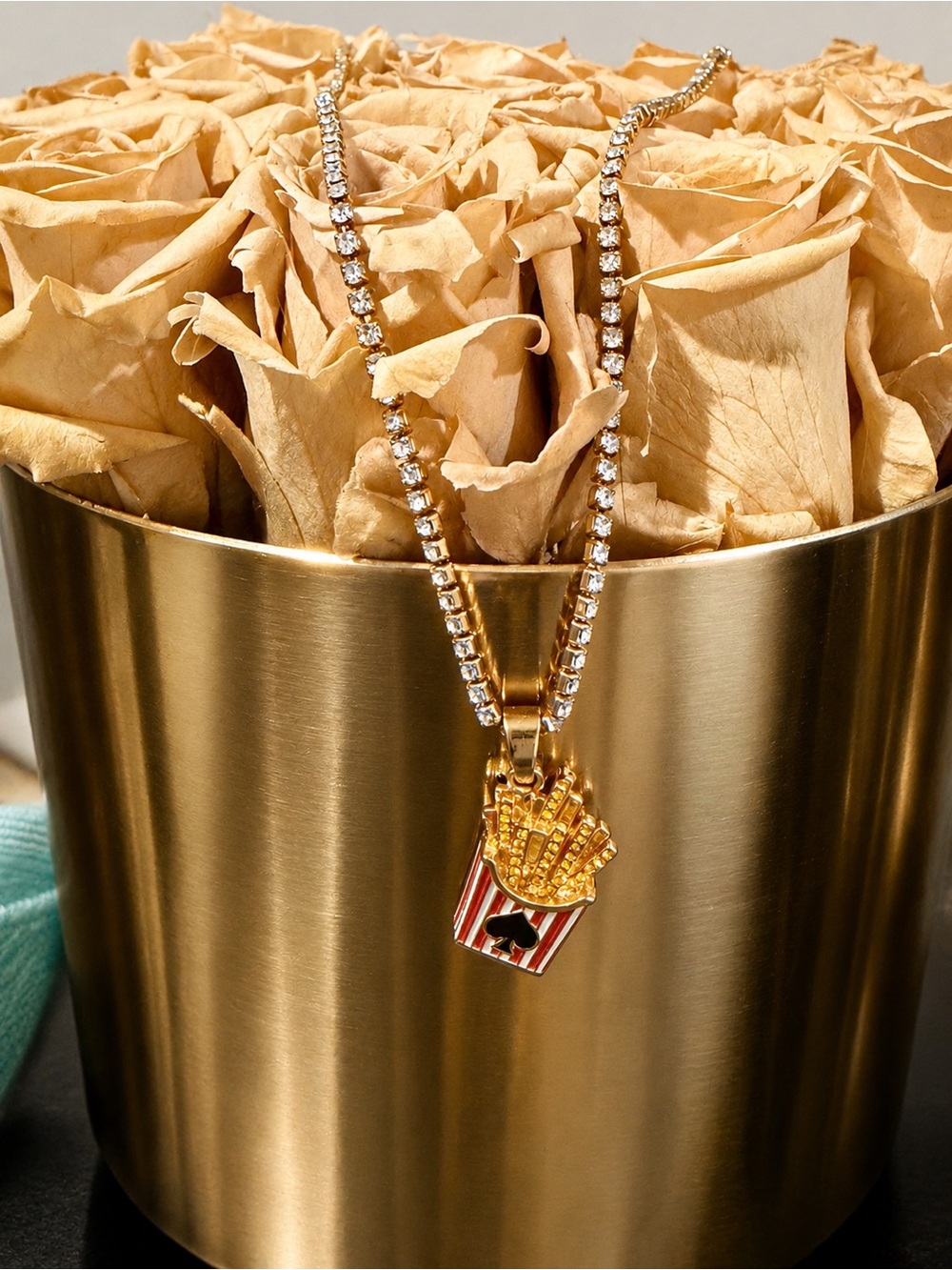 Gold-tone Rhinestone Necklace with French Fry Charm
